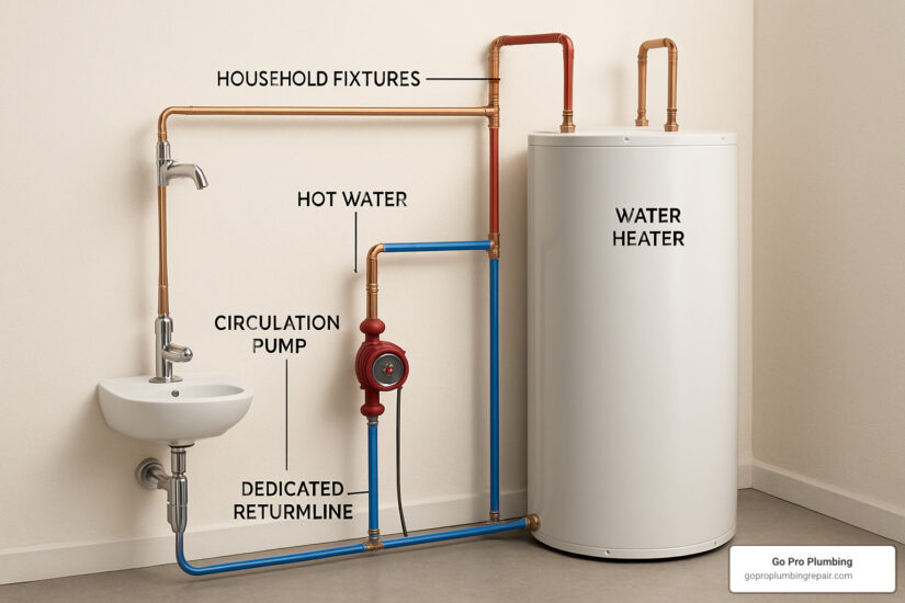 hot water recirculating system with dedicated return line