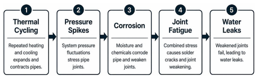 Cause and effect chain of boiler pipe leaks: thermal cycling, pressure spikes, and corrosion leading to joint fatigue and