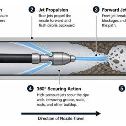 hydro jetting working mechanism showing high pressure nozzle scouring pipe walls
