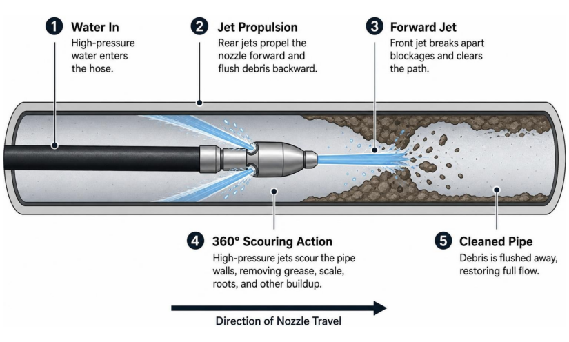 hydro jetting working mechanism showing high pressure nozzle scouring pipe walls